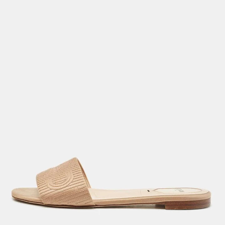 Fendi Beige Satin Logo Embroidered Flat Slides Size 37.5