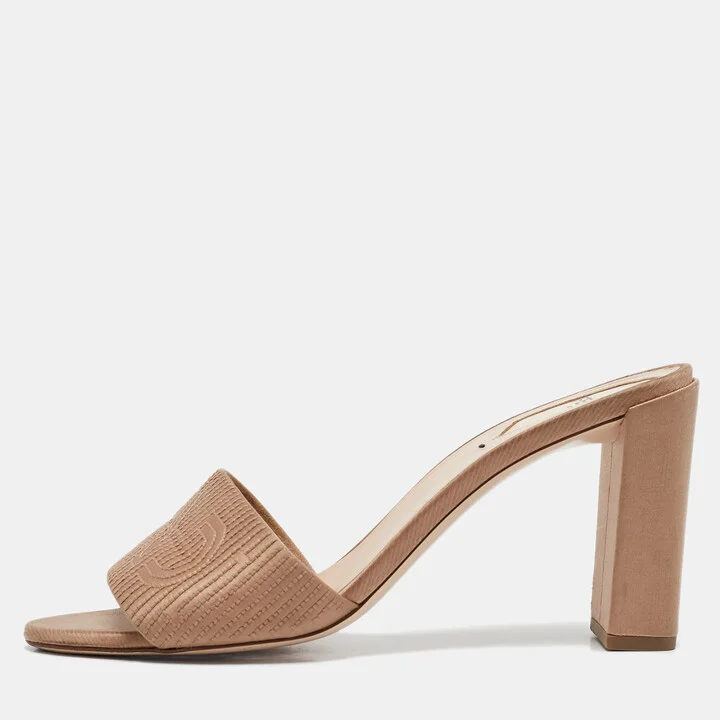 Fendi Beige Satin Logo Embroidered Slide Sandals Size 40