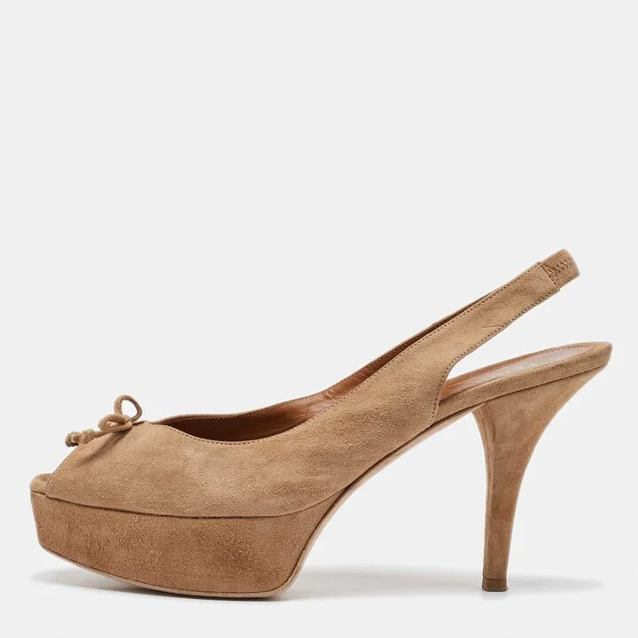 Fendi Beige Suede Fendista Bow Peep Toe Slingback Platform Pumps Size 41