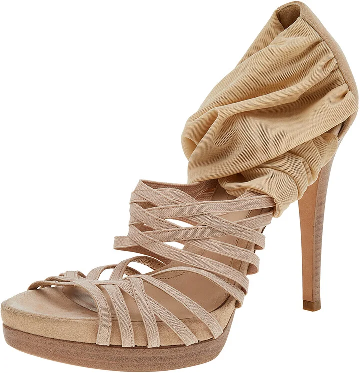 Fendi Beige Suede Stretch Fabric And Net Strappy Platform Sandals Size 39.5