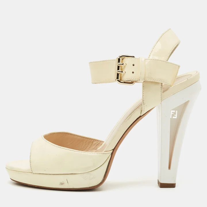 Fendi Beige/White Patent Leather Open Toe Ankle Strap Sandals Size 40