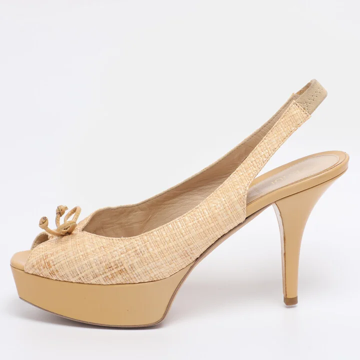 Fendi Beige Woven Straw Fendista Bow Platform Slingback Sandals Size 41