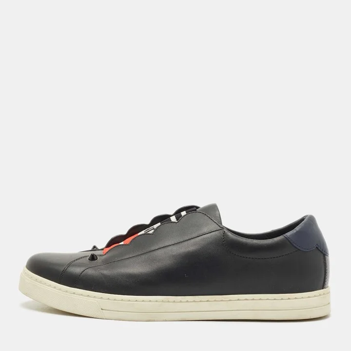 Fendi Black/Blue Leather Logo Knit Rockoko Scallop Detail Slip On Sneakers Size 39