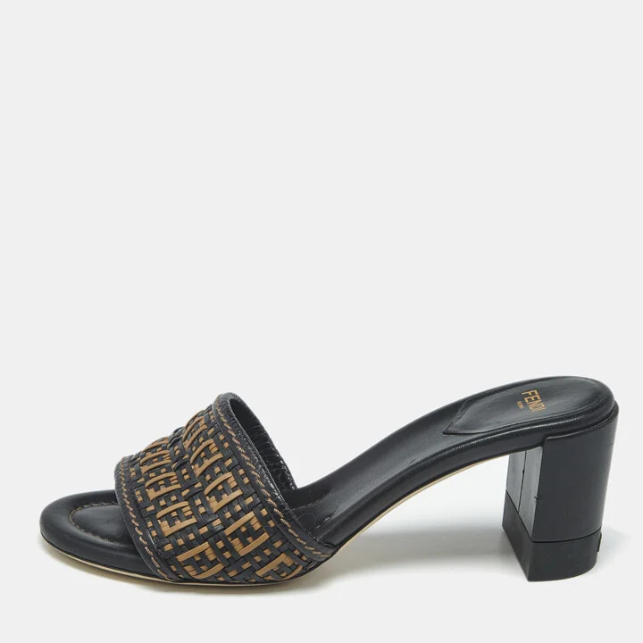 Fendi Black/Brown FF Interlace Leather Slide Sandals Size 37.5