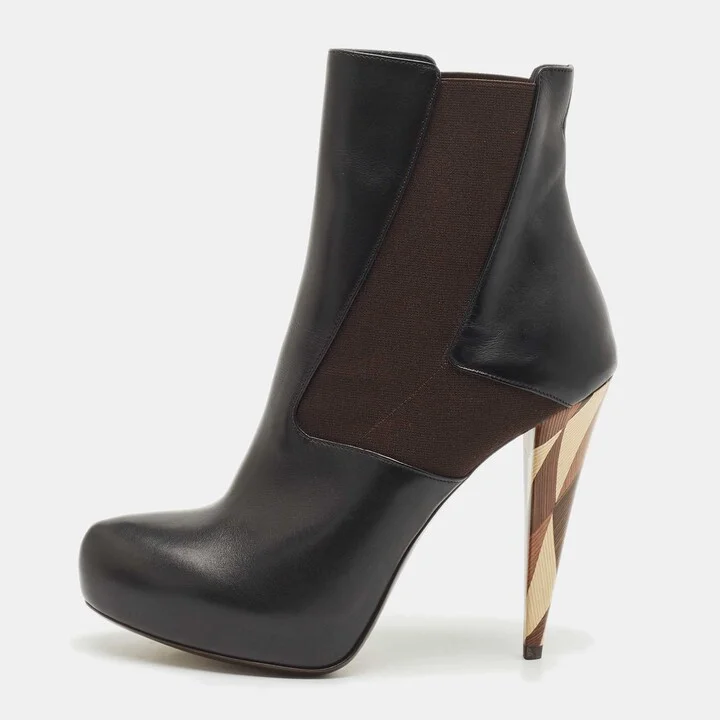 Fendi Black/Brown Leather and Stretch Fabric Platform Ankle Boots Size 40