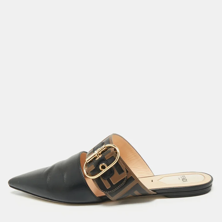 Fendi Black/Brown Leather FF Logo Buckle Mules Size 38
