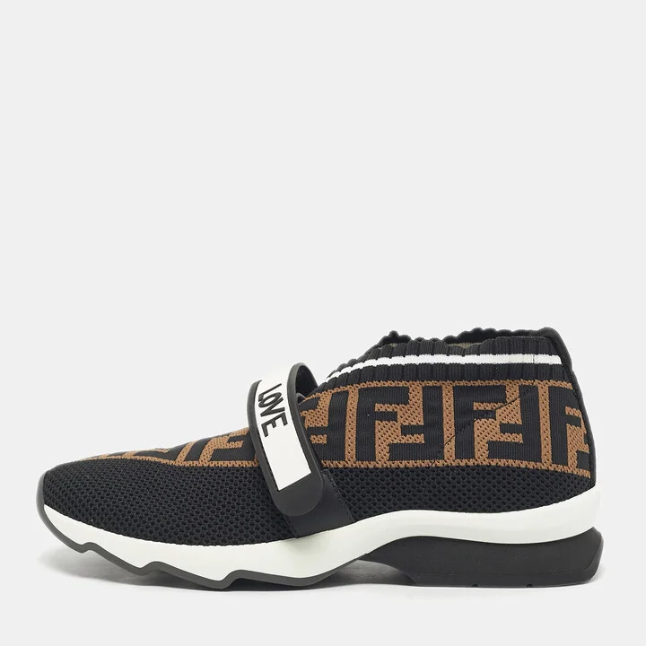 Fendi Black/Brown Zucca Knit Fabric Rockoko Slip On Sneakers Size 37