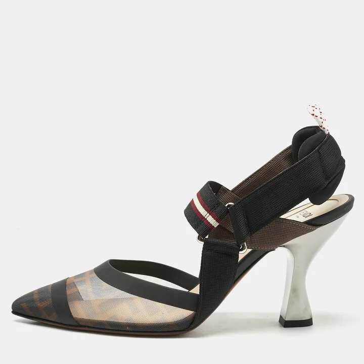 Fendi Black/Brown Zucca Mesh and Canvas Colibri Slingback Pumps Size 38