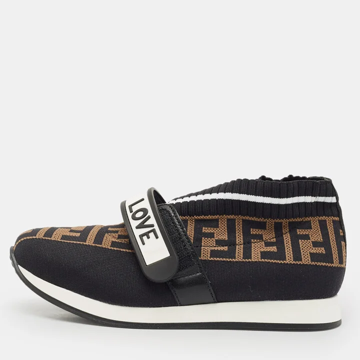 Fendi Black/Brown Zucca Print Knit Fabric Rockoko Sneakers Size 34