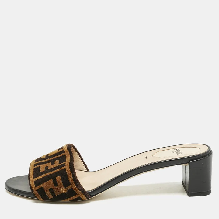 Fendi Black/Brown Zucca Velvet Slide Sandals Size 39