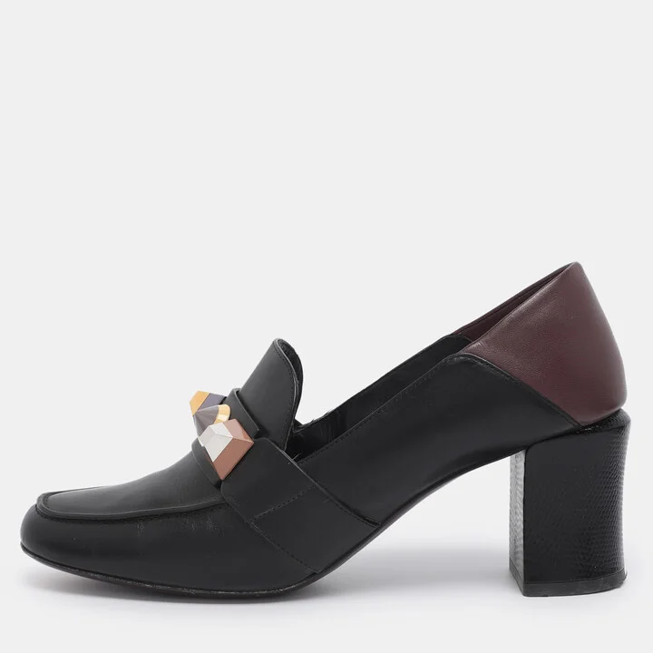 Fendi Black/Burgundy Leather Studded Loafer Pumps Size 41