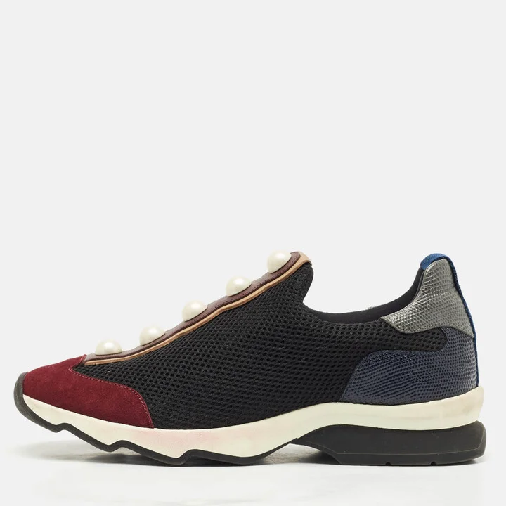 Fendi Black/Burgundy Mesh and Suede Pearl Technical Slip On Sneakers Size 37
