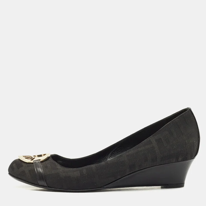 Fendi Black Canvas Logo Wedges Sandals Size 41