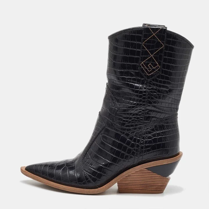 Fendi Black Croc Embossed Leather Mid Calf Cowboy Boots Size 36.5
