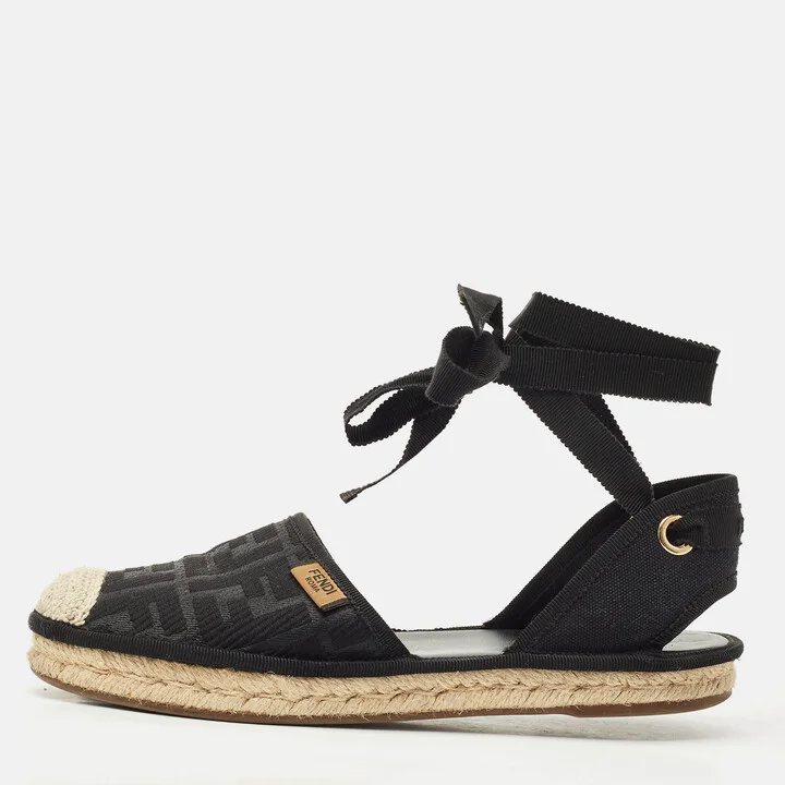 Fendi Black FF Logo Embroidered Fabric Ankle Wrap Espadrille Flats Size 38