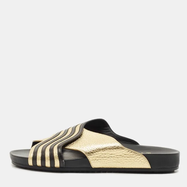 Fendi Black/Gold Leather Slide Flat Sandals Size 37.5