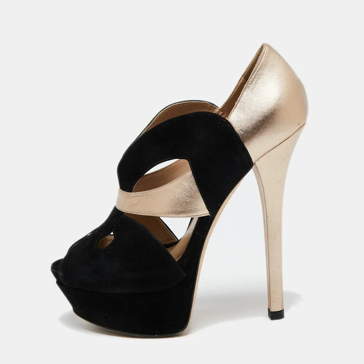 Fendi Black/Gold Leather/Suede Platform Pumps Size 37