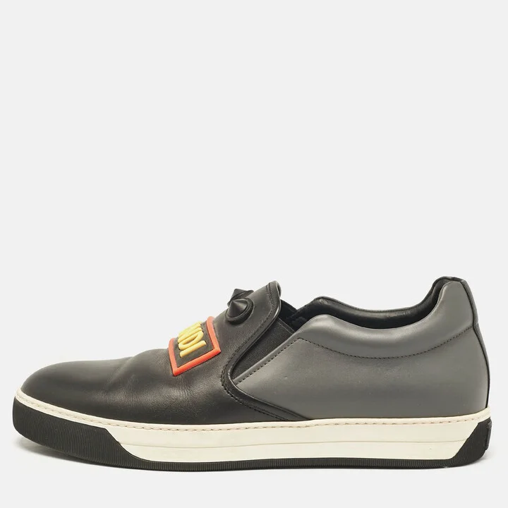 Fendi Black/Grey Leather Vocabulary Face Leather Detail Slip On Sneakers Size 44