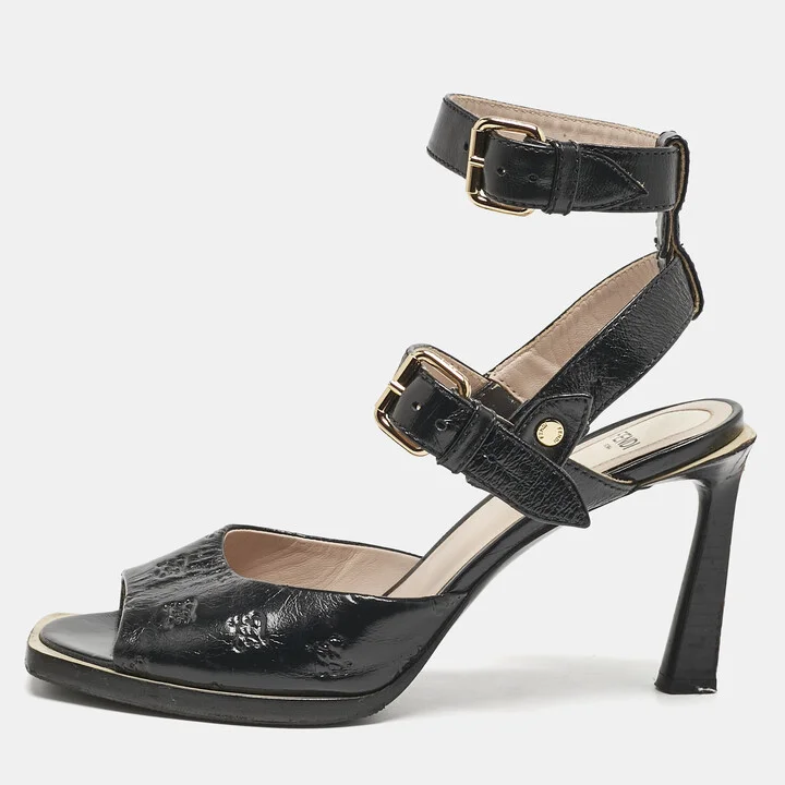 Fendi Black Karligraphy Leather FFrame Ankle Strap Sandals Size 39