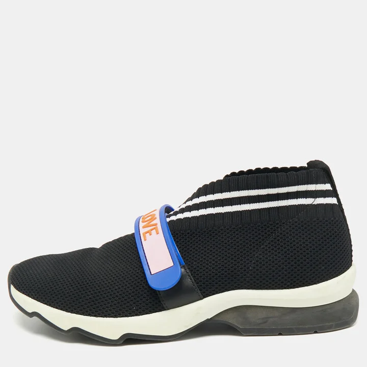 Fendi Black Knit Fabric Rockoko Slip On Sneakers Size 38