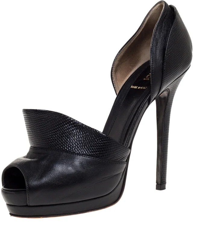 Fendi Black Leather And Lizard Print Anemone D'orsay Peep Toe Platform Pumps Size 38.5
