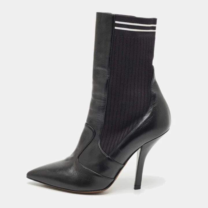 Fendi Black Leather And Stretch Knit Fabric Rockoko Ankle Boots Size 38.5