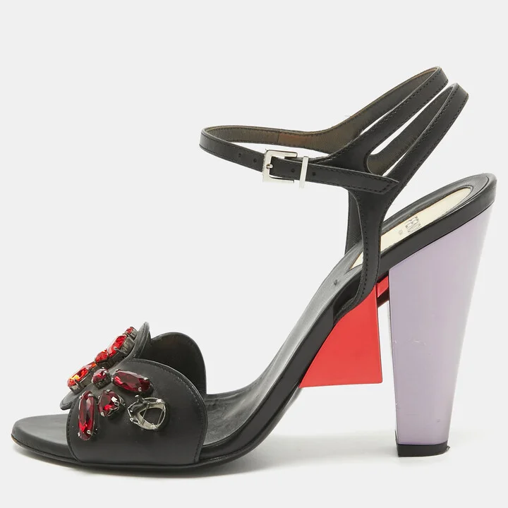 Fendi Black Leather Ankle Strap Crystal Embellished Ankle Strap Sandals Size 38