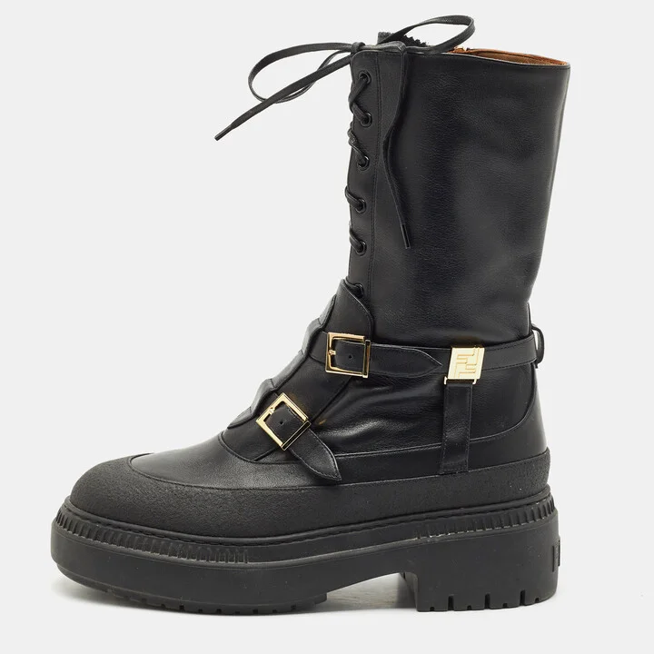 Fendi Black Leather Delfina Biker Boots Size 38
