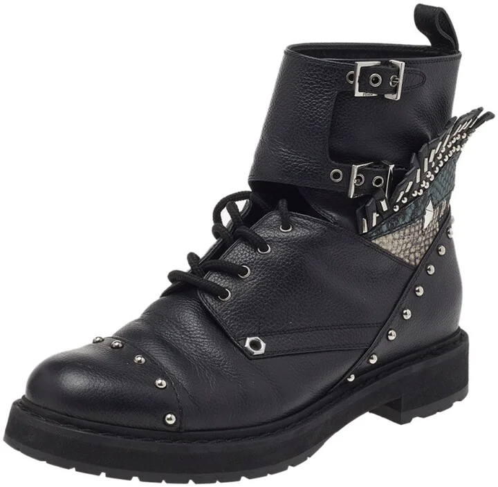 Fendi Black Leather Embellished Buckle Strap Ankle Boots Size 37