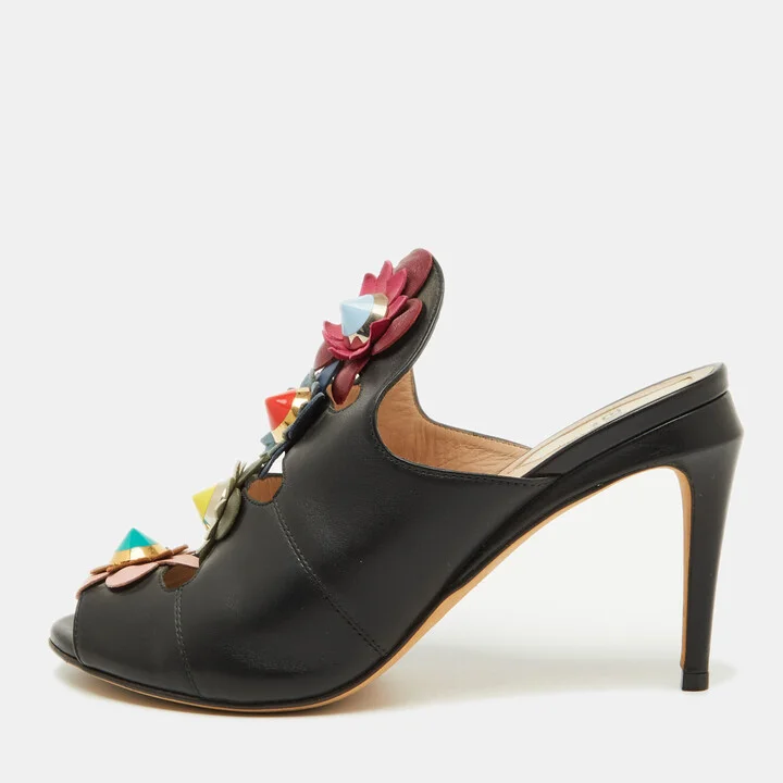 Fendi Black Leather Floral Applique Mules Size 37.5
