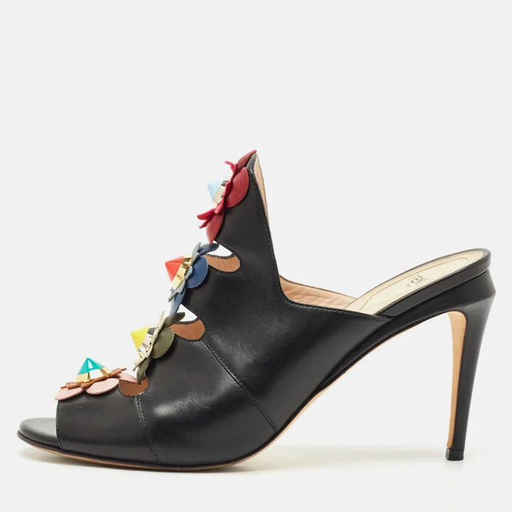 Fendi Black Leather Flowerland Slide Sandals Size 40