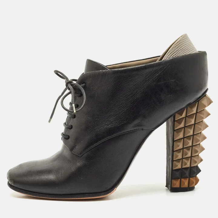 Fendi Black Leather Lace up Polifonia Ankle Boots Size 38.5