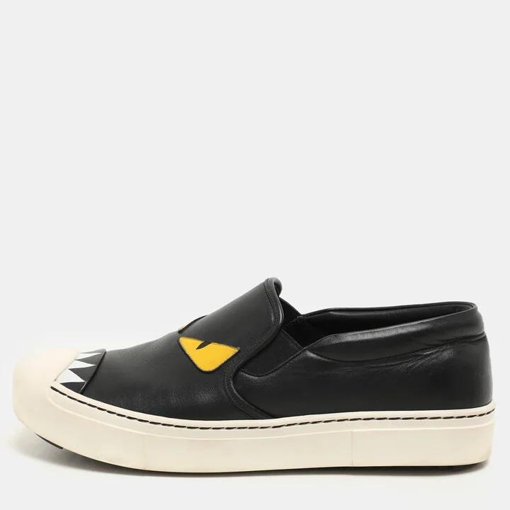 Fendi Black Leather Monster Slip On Sneakers Size 38.5