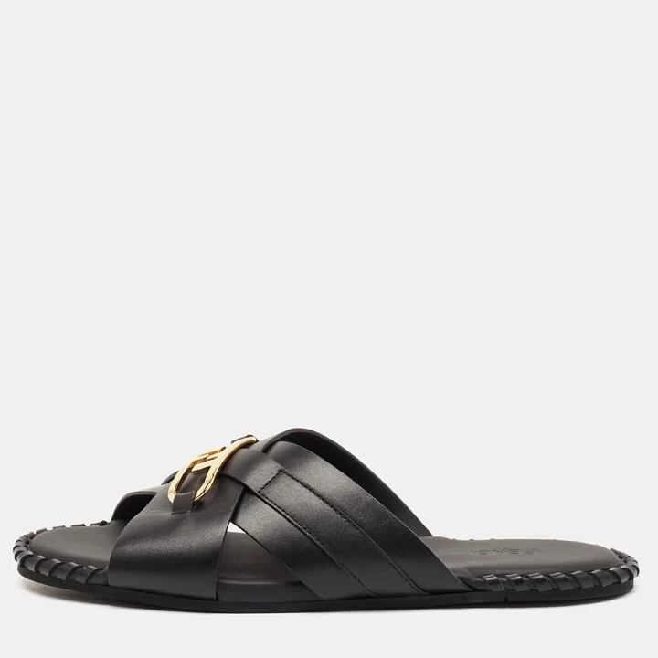 Fendi Black Leather O'Lock Flat Slides Size 41