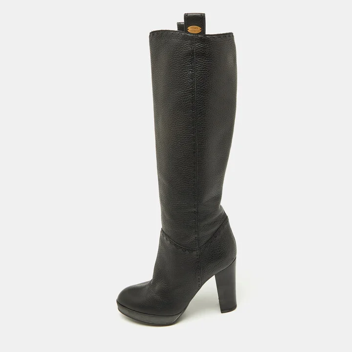 Fendi Black Leather Selleria Knee Length Boots Size 35