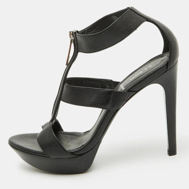 Fendi Black Leather Zipper Strappy Platform Sandals Size 37.5