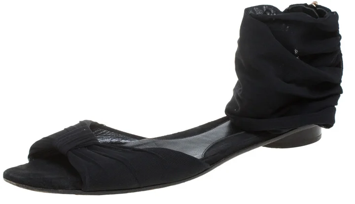 Fendi Black Mesh and Suede Bow Open Toe Flat Sandals Size 38.5