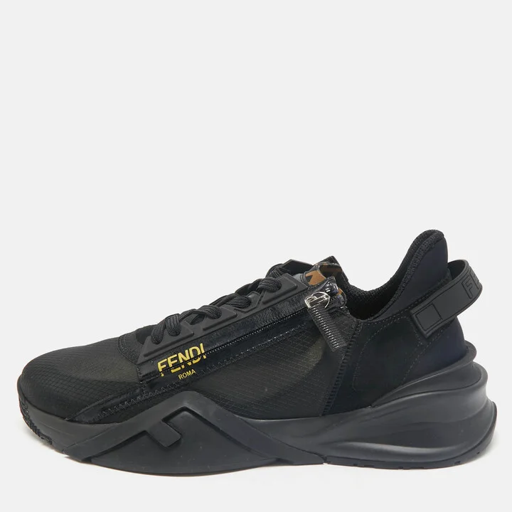 Fendi Black Mesh Suede and Nylon Flow Low Top Sneakers Size 43