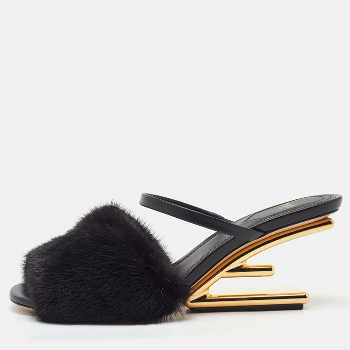 Fendi Black Mink Fur and Leather Fendi First Slide Sandals Size 39