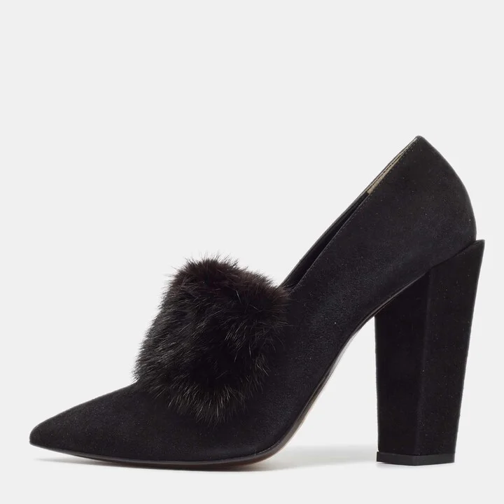 Fendi Black Mink Fur and Suede Block Heel Pumps Size 39