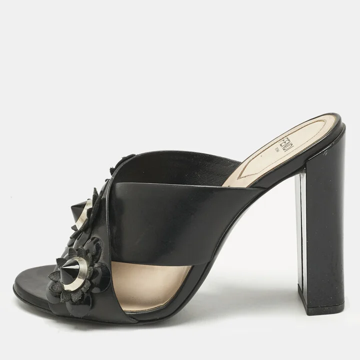 Fendi Black Patent and Leather Flowerland Criss Cross Slide Sandals Size 36