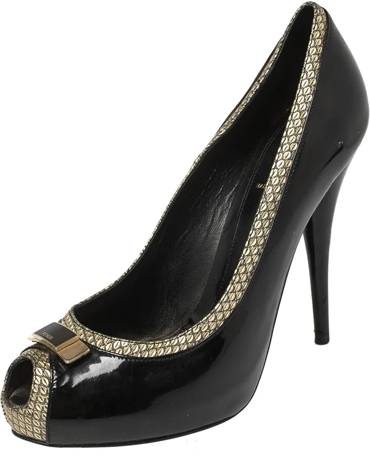 Fendi Black Patent and Textured Leather Peep Toe Platform Pumps Size 41
