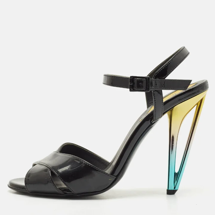 Fendi Black Patent Leather Ankle Strap Sandals Size 37.5
