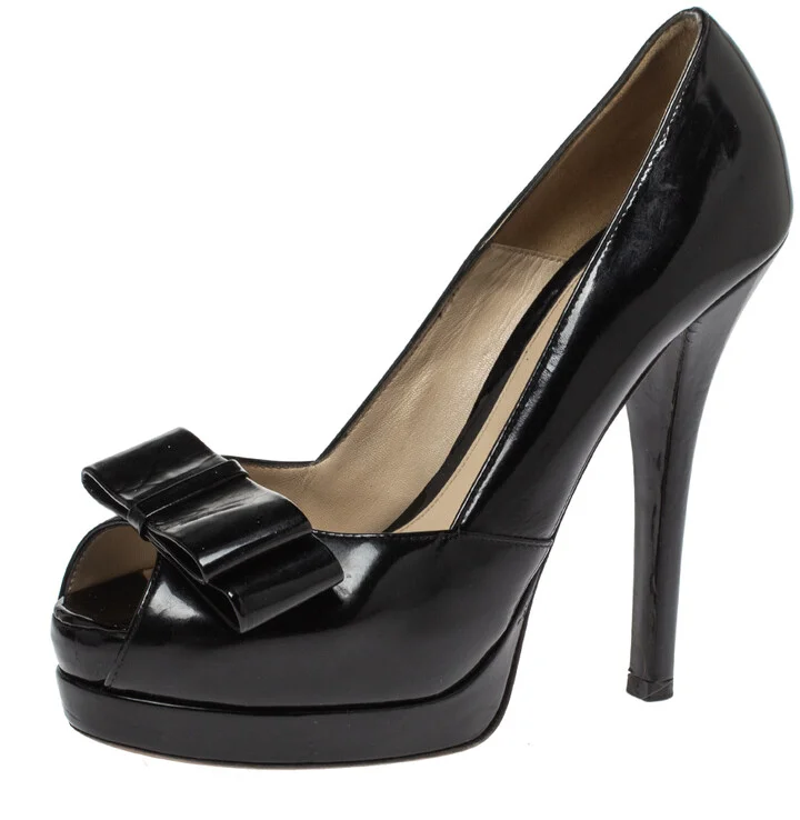 Fendi Black Patent Leather Bow Peep Toe Platform Pumps Size 36