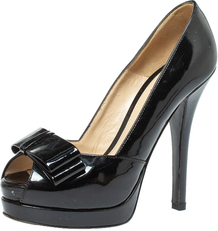 Fendi Black Patent Leather Bow Peep Toe Platform Pumps Size 38