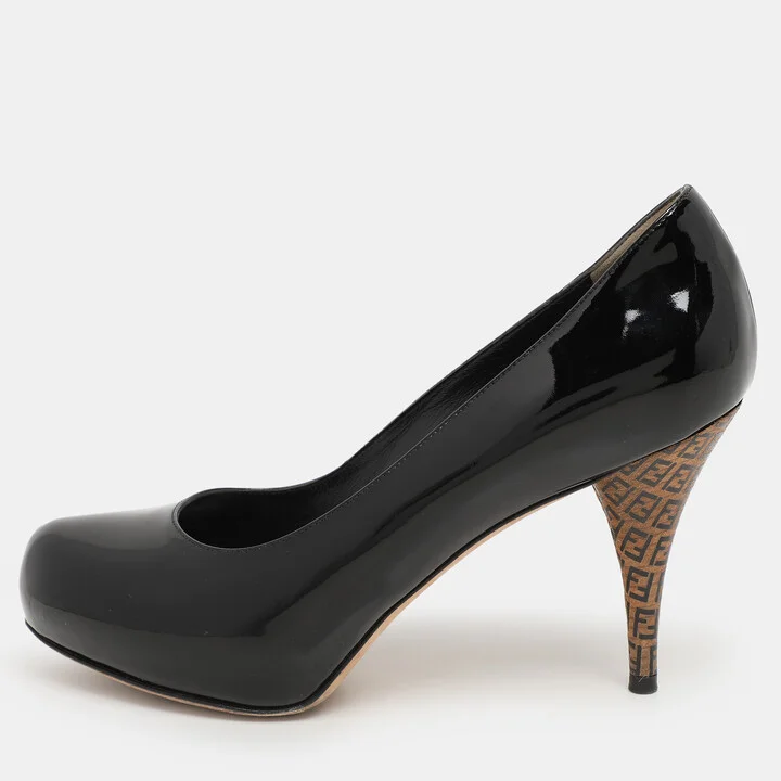 Fendi Black Patent Leather FF Logo Print Heel Pumps Size 37