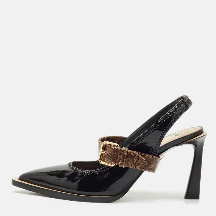 Fendi Black Patent Leather fframe Slingback Pumps Size 37