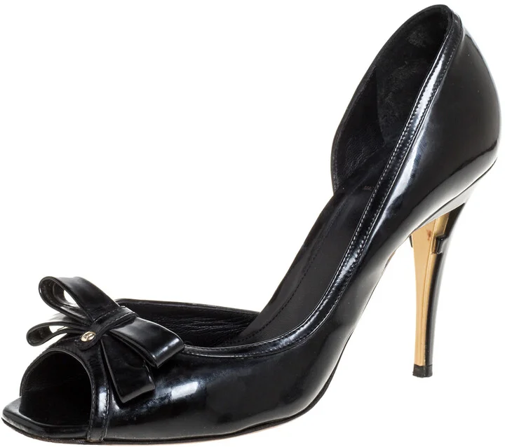 Fendi Black Patent Leather Peep Toe Bow Pumps Size 39