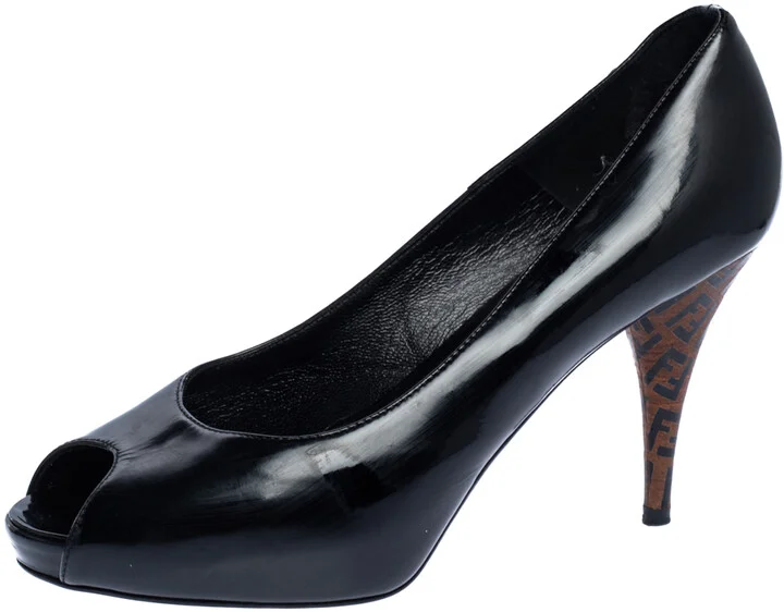 Fendi Black Patent Leather Peep Toe Platform Pumps Size 39