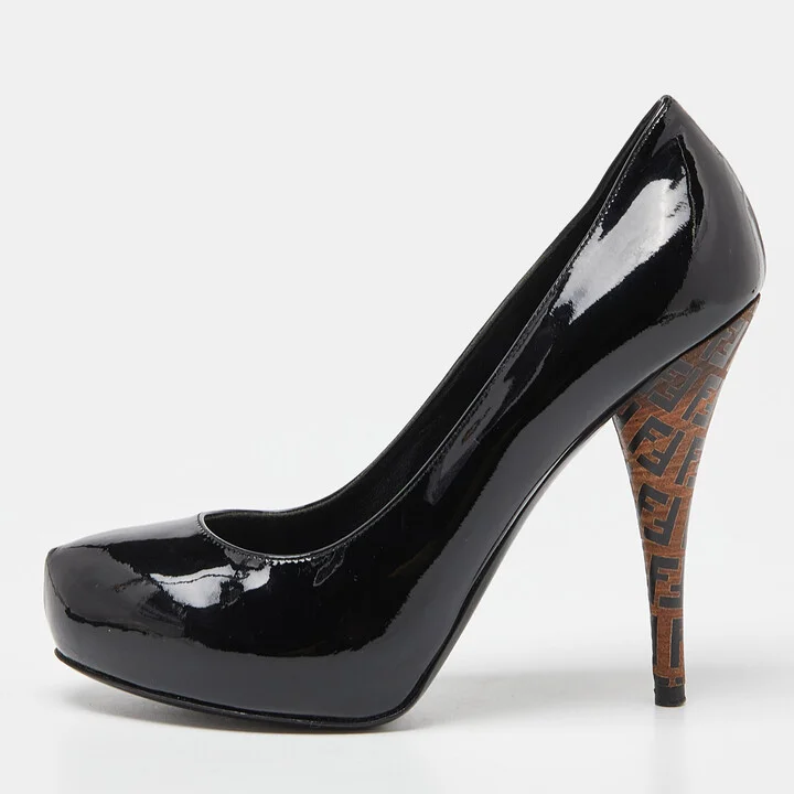 Fendi Black Patent Leather Platform FF Superstar Pump Size 37